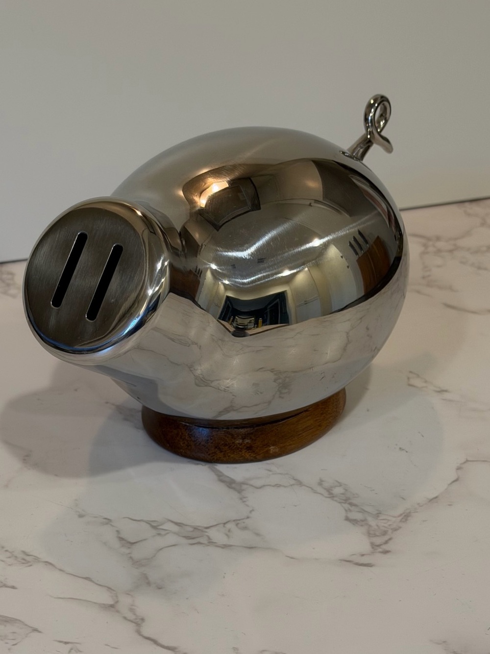 Nambé Kibo Piggy Bank Stainless Steel Acacia Wood Base Alvaro Uribe Modern Decor